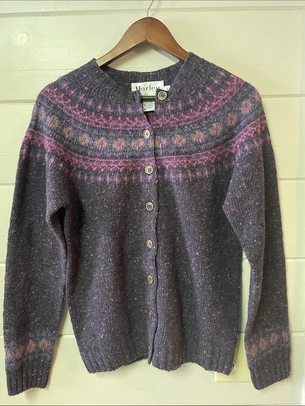 Harley of Scotland Made in Scotland Merino Wool Fair Isle Purple Cardigan Size M